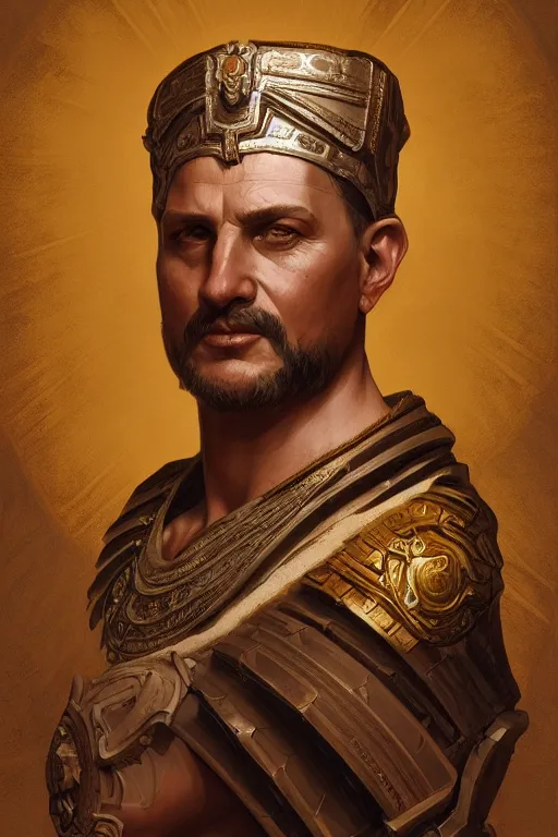 Image similar to ancient rome emperor, realistic portrait full body, symmetrical, highly detailed, digital painting, artstation, concept art, smooth, sharp focus, illustration, cinematic lighting, art by artgerm and greg rutkowski and alphonse mucha