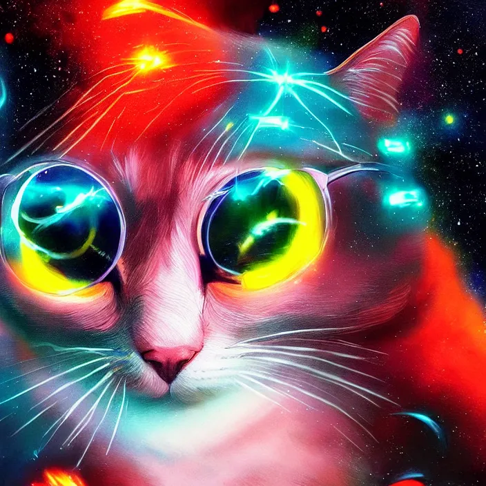 Prompt: cinematic portrait of a cute cat in space, neon lasers, chalk, masterpiece, trending on artstation, featured on pixiv, cinematic composition, dramatic pose, beautiful lighting, sharp details, hyper - detailed, hd, hdr, 4 k, 8 k, art by basil gogos