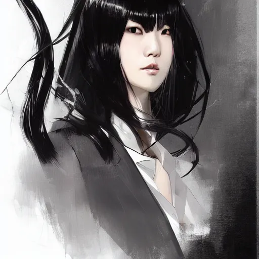 Image similar to portrait of a beautiful korean girl wearing a men's tuxedo, with bangs, very long hair and bangs, angular features, angry expression, dramatic lighting, illustration by Greg rutkowski, yoji shinkawa, 4k, digital art, concept art, trending on artstation