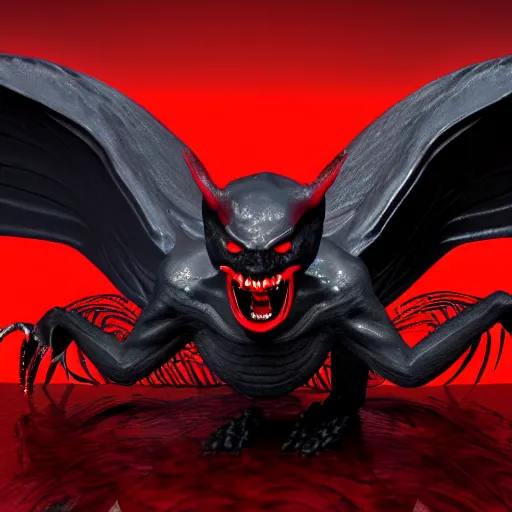 Image similar to black demon with evil face red eyes red mouth, wings, 3 d blender, 8 k, high quality, highly realistic photo realistic