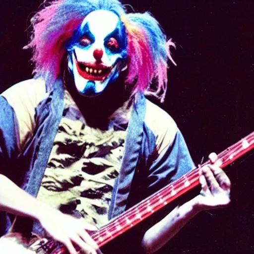 Image similar to Psychotic clown playing 7-string-guitar, concert, concert lighting, Slipknot, 2002, MTV, VHS quality