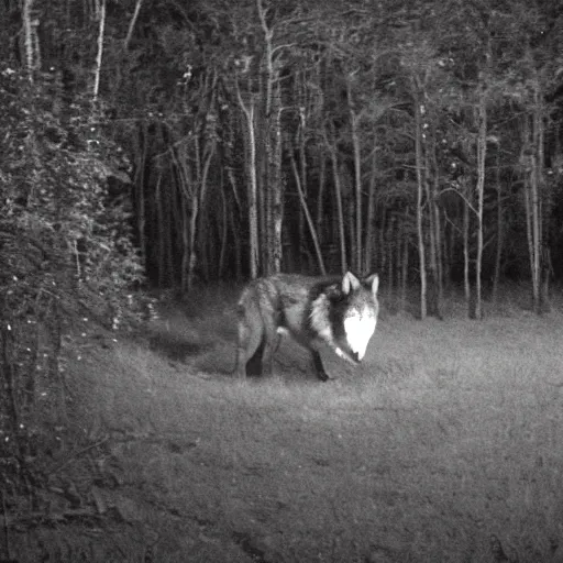 Prompt: trailcam footage of giant huge enormous wolf at night, black and white