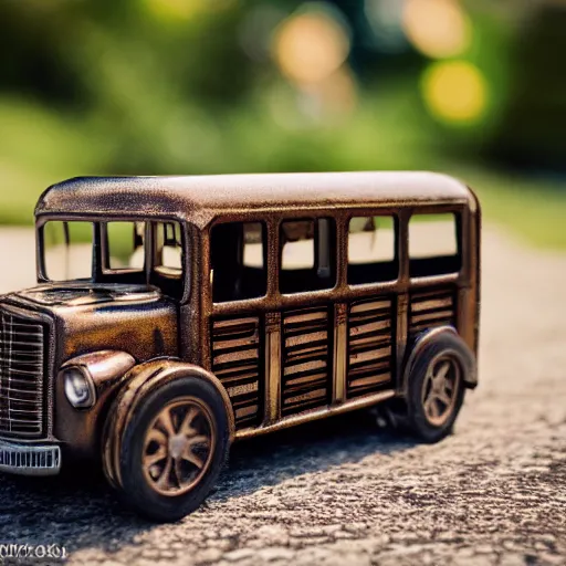 Prompt: 3 5 mm photo of metallic bronze and wood medieval bus like hot wheels model with a castle as background, epic cinematic, epic lighting