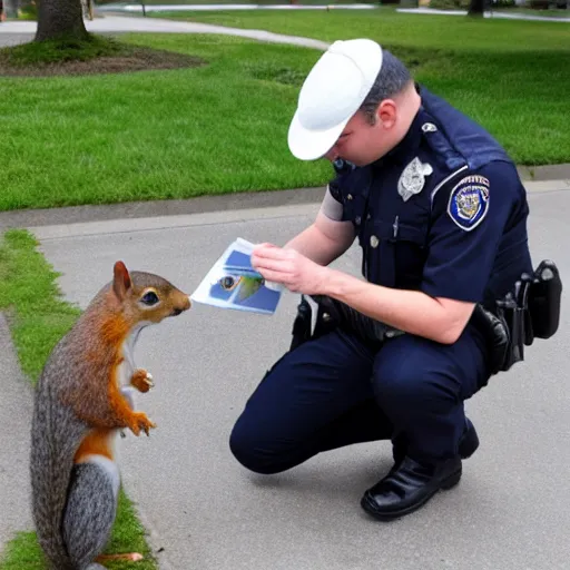 Image similar to a dog-cop ticketing a squirrel with a fine for speeding