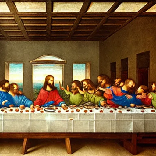 Prompt: leonardo da vinci's the last supper with the minions,