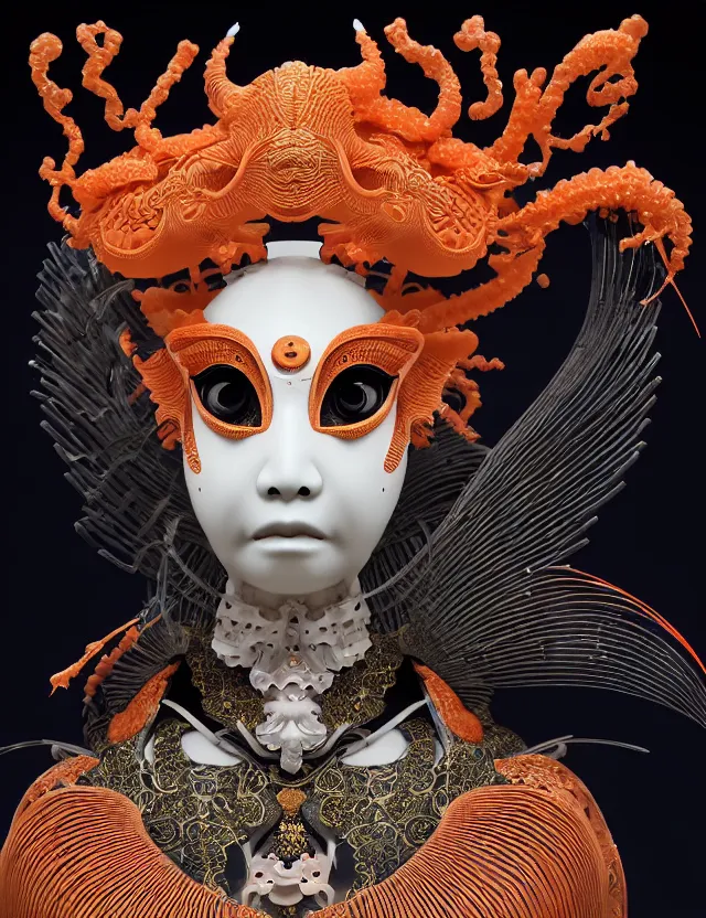 Image similar to 3 d goddess close - up profile portrait biomechanics with ram skull. beautiful intricately detailed japanese crow kitsune mask and clasical japanese kimono. betta fish, jellyfish phoenix, bio luminescent, plasma, ice, water, wind, creature, artwork by tooth wu and wlop and beeple and greg rutkowski. gold and black and teal and orange color scheme