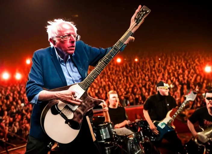 Image similar to publicity photo still of bernie sanders in a punk band playing live on stage, 8 k, live concert lighting, mid shot