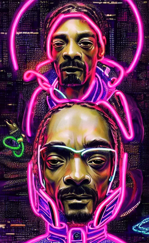 Prompt: detailed Snoop Dogg portrait Neon Operator, cyberpunk futuristic neon, reflective puffy coat, decorated with traditional Japanese ornaments by Ismail inceoglu dragan bibin hans thoma !dream detailed portrait Neon Operator Girl, cyberpunk futuristic neon, reflective puffy coat, decorated with traditional Japanese ornaments by Ismail inceoglu dragan bibin hans thoma greg rutkowski Alexandros Pyromallis Nekro Rene Maritte Illustrated, Perfect face, fine details, realistic shaded, fine-face, pretty face