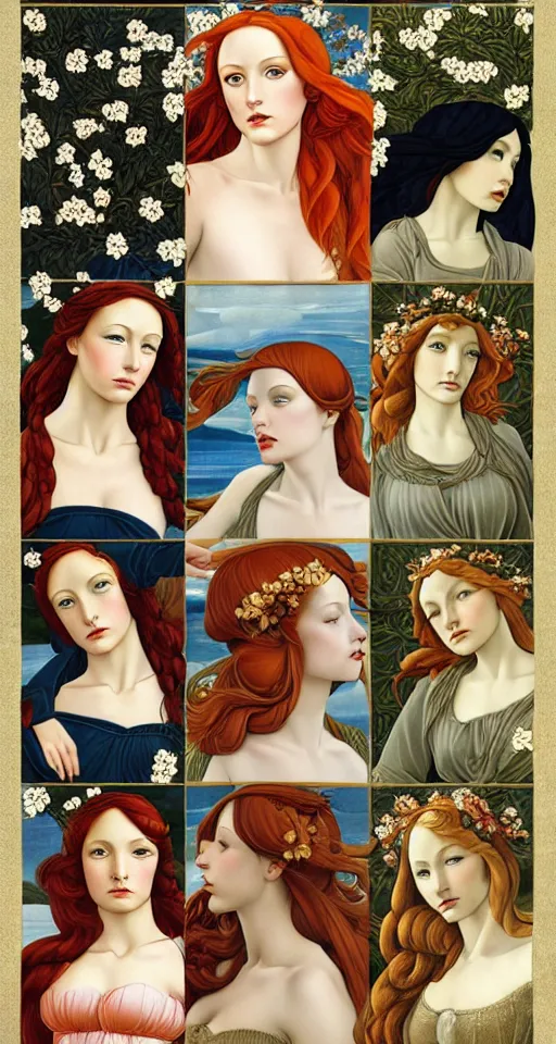 Image similar to the 12 months of the year as figures, (3 are Winter, 3 are Spring, 3 are Summer and 3 are Autumn), in a mixed style of Botticelli and Æon Flux, inspired by pre-raphaelite paintings and shoujo manga, hyper detailed, stunning inking lines, flat colors, 4K photorealistic
