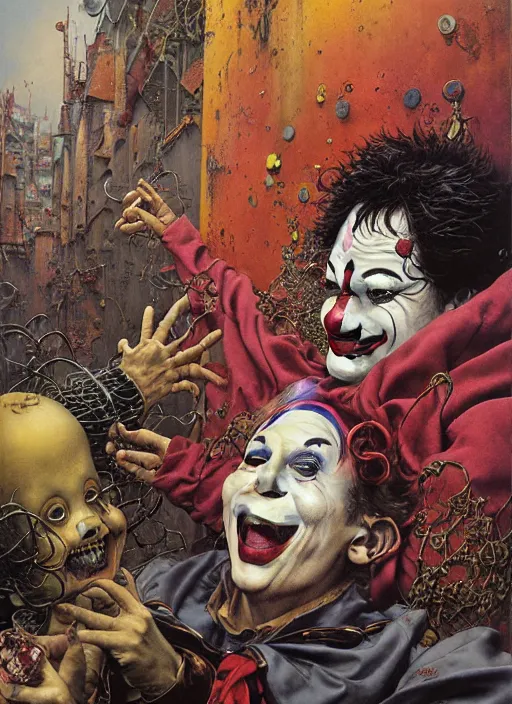 Prompt: figure of a funny clown giving an -cream to a little boy at suburbs area street by Ayami Kojima, Amano, Karol Bak, Greg Hildebrandt, and Mark Brooks, Neo-Gothic, gothic, rich deep colors. Beksinski painting, part by Adrian Ghenie and Gerhard Richter. art by Takato Yamamoto. masterpiece. realistic detailed image