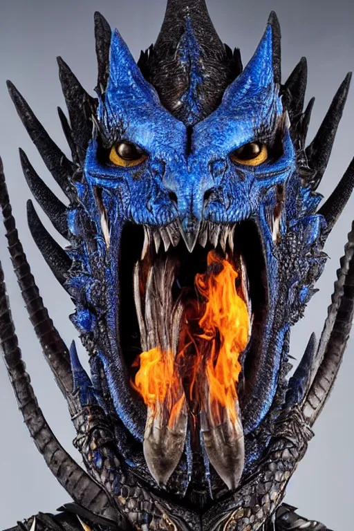 Image similar to a dark blue dragonborn with large tusks, half of his face flaming with blue flame, he wears a black dragon scales armor, studio shot