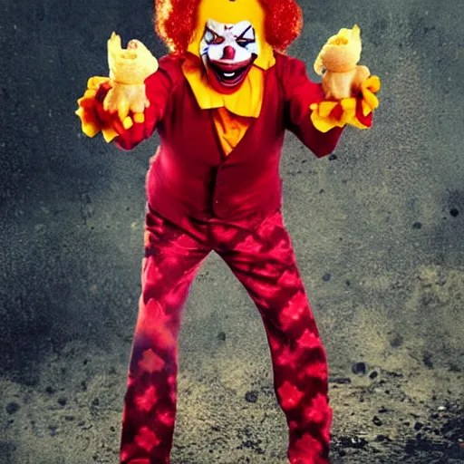 Prompt: sinister clown Ronald McDonald crushing rats into nuggets