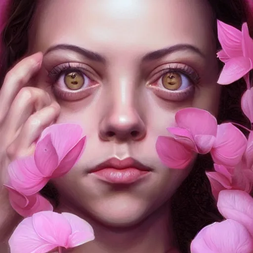 Prompt: pink petals with a a bored aubrey plaza and christina ricci mixed with mona lisa, intricate, elegant, highly detailed, wonderful eyes, sweet, digital painting, artstation, concept art, smooth, sharp focus, illustration, art by artgerm and greg rutkowski and concept art, rectilinear vaporwave