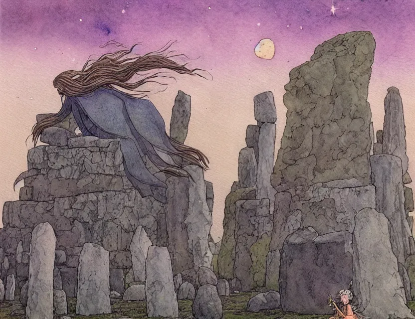 Image similar to a hyperrealist studio ghibli watercolor fantasy concept art of a giant long haired grey witch in lotus position sitting on top of stonehenge with a starry sky in the background. a ufo is in the sky. by rebecca guay, michael kaluta, charles vess