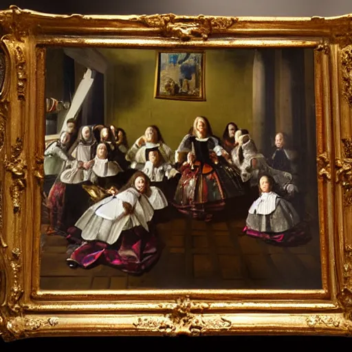 Image similar to a highly super quality oil canva family portrait in the main room of the castle painted in 1 6 5 6, dark room, one point of light coming through the window inspired by las meninas, clear spaces between each subject and good detail and realistic eyes, faces for each person in the canva, inspired by diego velasquez better quiality