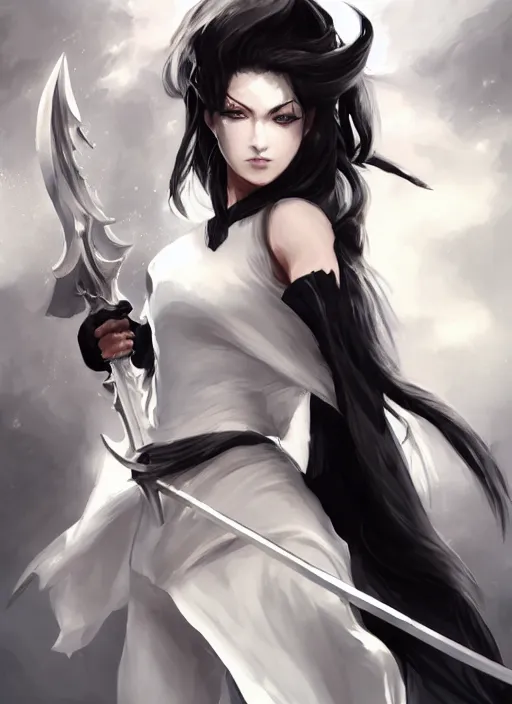 Image similar to a highly detailed illustration of fierce messy ponytail black haired one armed!!! delinquent woman wearing long white tokkoufuku cape, dramatic wielding sword pose, muscular, intricate, elegant, highly detailed, centered, digital painting, artstation, concept art, smooth, sharp focus, league of legends concept art, wlop.