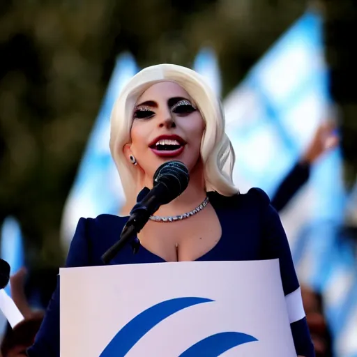 Image similar to Lady Gaga as president, Argentina presidential rally, Argentine flags behind, bokeh, giving a speech, detailed face, Argentina