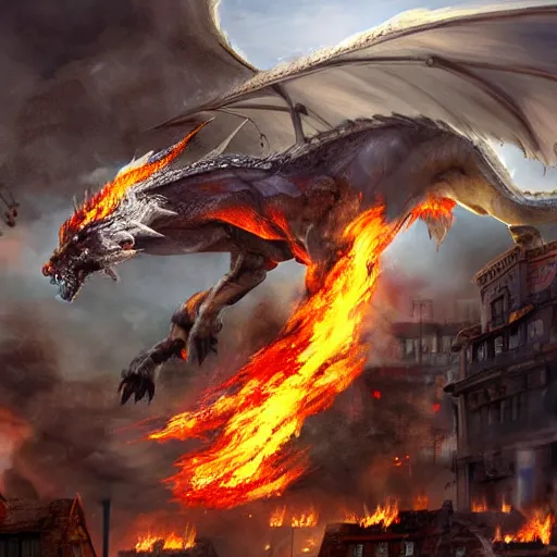 Prompt: illustration of a white dragon destroying a town with fire, realistic painting, high definition, digital art, matte painting, very detailed, realistic