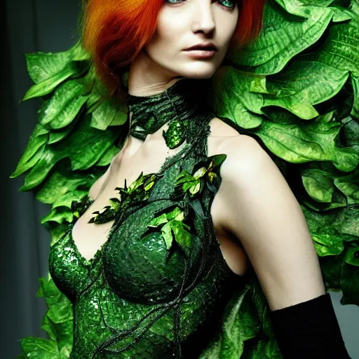 Image similar to A beautiful portrait of Daria Strokous as Poison Ivy from Batman as a Versace fashion model Spring/Summer 2010, highly detailed, in the style of cinematic, Getty images, Milan fashion week backstage, Makeup by Pat McGrath, Hair by Guido Palau, Greg rutkowski