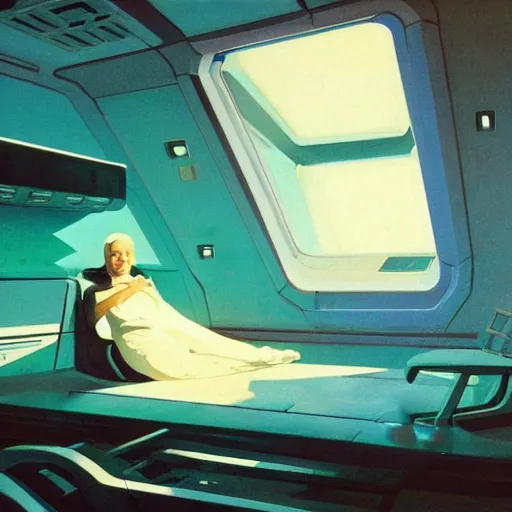 Image similar to Cozy interior of a spaceship, teal lighting, cozy lighting, space seen outside from a window, by Syd Mead, John Harris, Federico Pelat