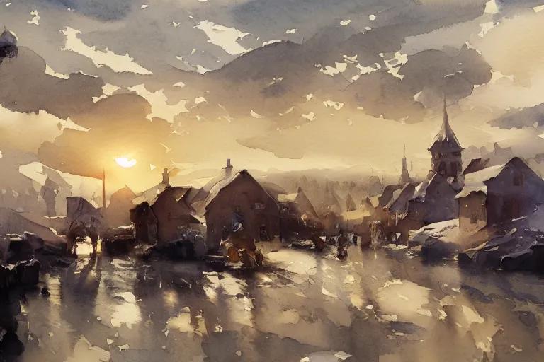 Image similar to small centered on watercolor paper, paint brush strokes, abstract watercolor painting of western viking town, midday sharp light, dust, cinematic light, american romanticism by hans dahl, by jesper ejsing, by anders zorn, by greg rutkowski, by greg manchess, by tyler edlin