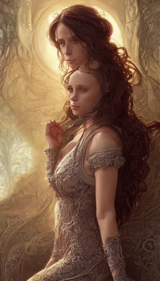 Image similar to jennifer love hewitt, acotar, fibonacci, sweat drops, intricate fashion clothing, insane, intricate, highly detailed, surrealistic, digital painting, artstation, concept art, smooth, sharp focus, illustration, unreal engine 5, 8 k, art by artgerm and greg rutkowski and alphonse mucha