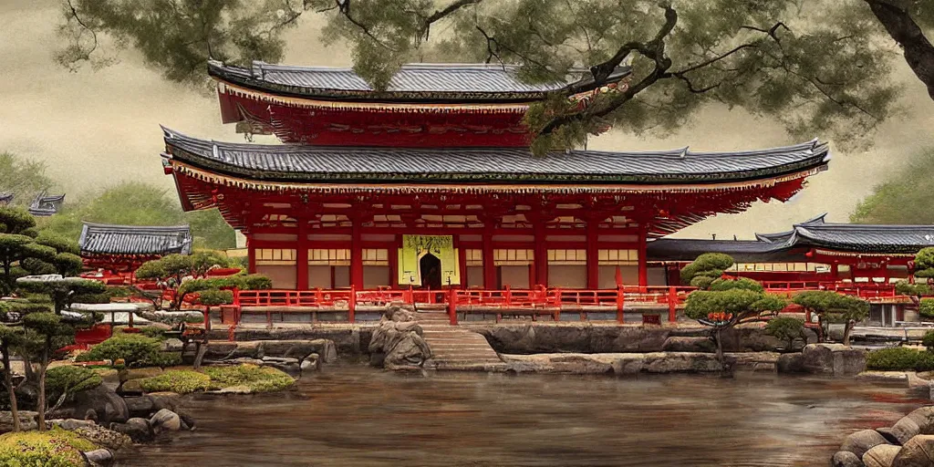 Prompt: a japanese buddhist temple. a fantasy digital painting by richard schmid