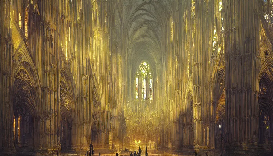 Prompt: atmospheric painting of a fractal gothic cathedral, by Marc Simonetti, oil on canvas, highly detailed, soft lighting