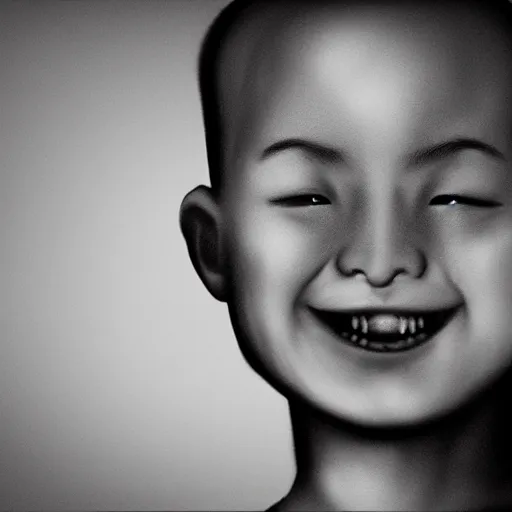 Prompt: dramatic portrait of chinese boy buzz cut, creepy smile, digital painting