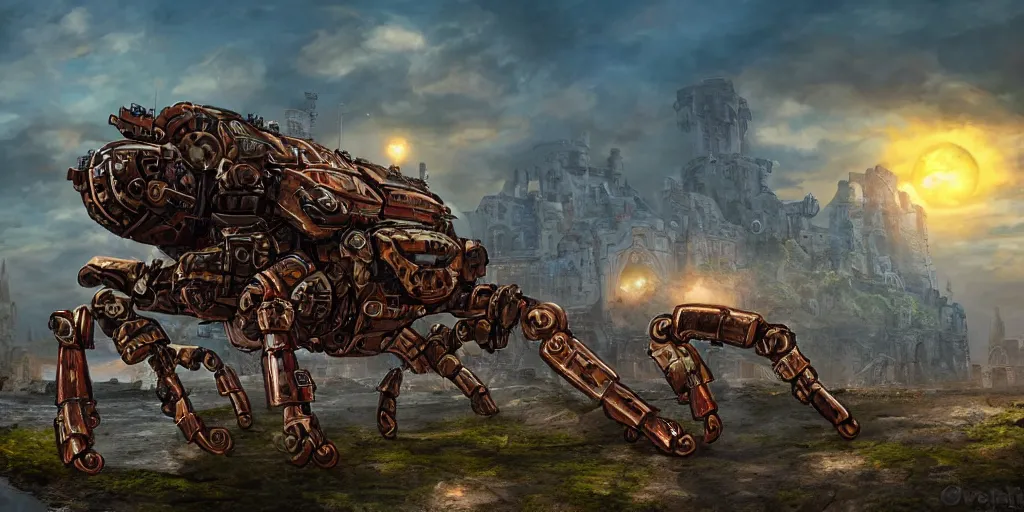 Image similar to steampunk mecha crabs invading a medieval brick castle at sunset, fantasy, coastal terrain, extremely detailed, 4 k, 8 k