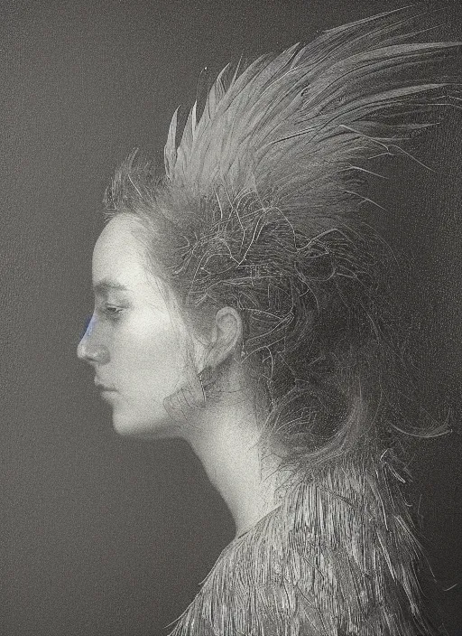 Prompt: a woman's face in profile, made of exotic silver feathers, in the style of the Dutch masters and Gregory Crewdson, dark and moody