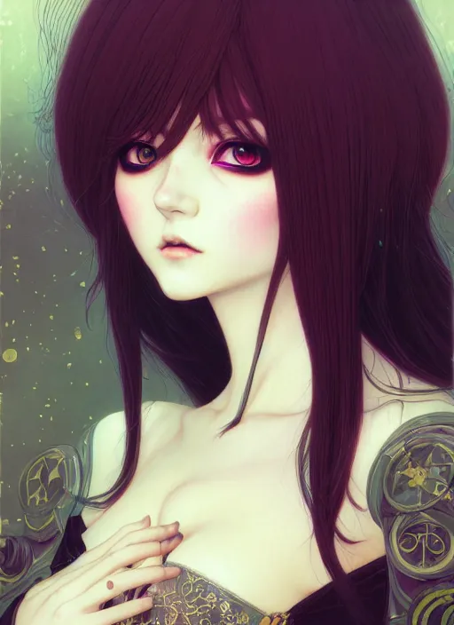 Image similar to portrait of beautiful young gothic anime maiden, cute-fine-face, pretty face, realistic shaded Perfect face, fine details. Anime, cyberpunk, Warhammer, highly detailed, artstation, illustration, art by Ilya Kuvshinov and Gustav Klimt