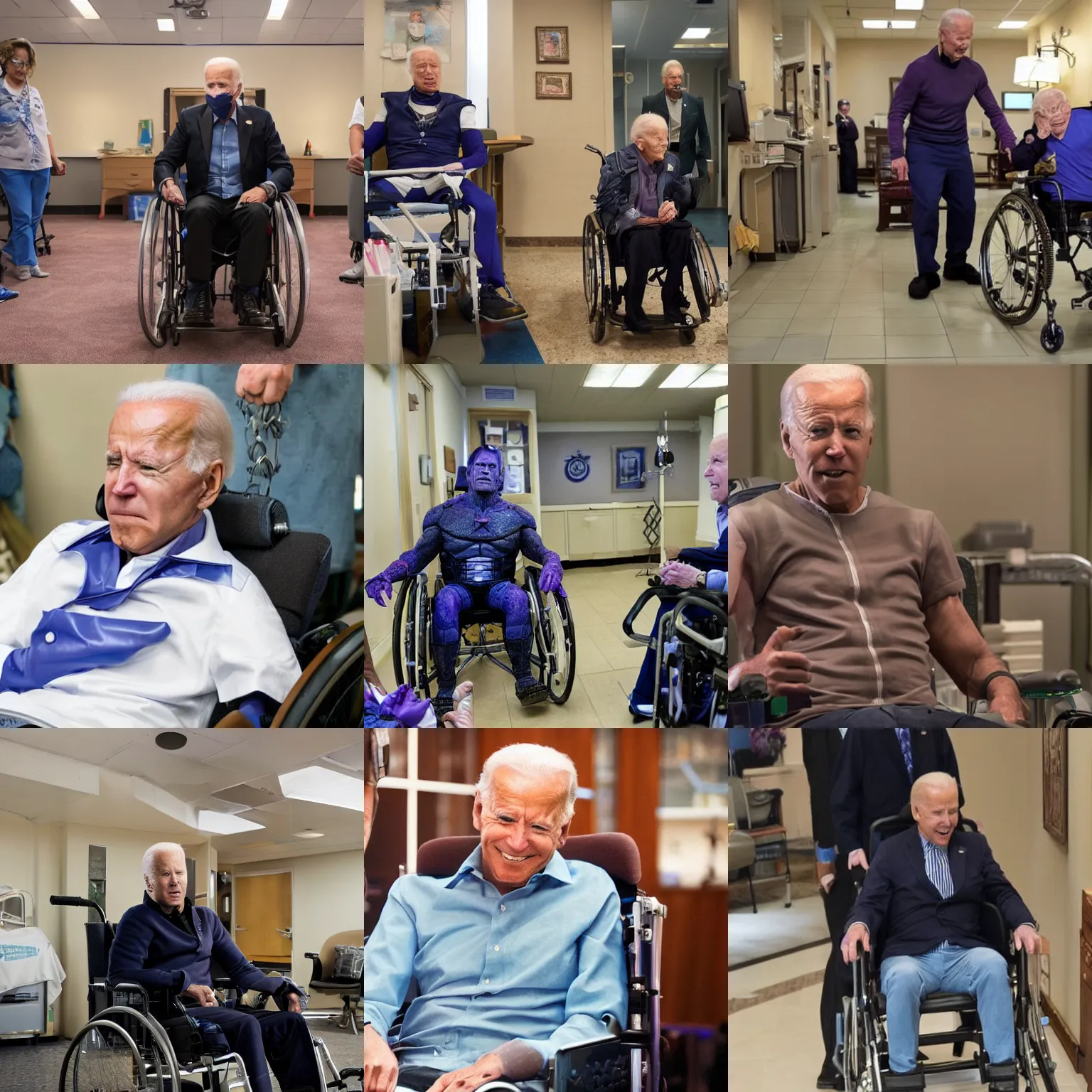 Prompt: Joe Biden as Thanos in The Avengers movie, but in a nursing home in a wheelchair, 8k