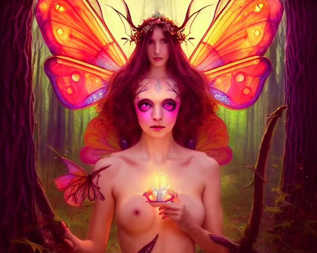 Image similar to stunningly beautiful female faerie priestess in amanita muscaria forest landscape, symmetrical wings on back, symmetrical face, stunning eyes, neon hair, fantasy art, dark light night, sharp focus, digital painting, 4 k, concept art, art by wlop, artgerm, greg rutkowski and alphonse mucha