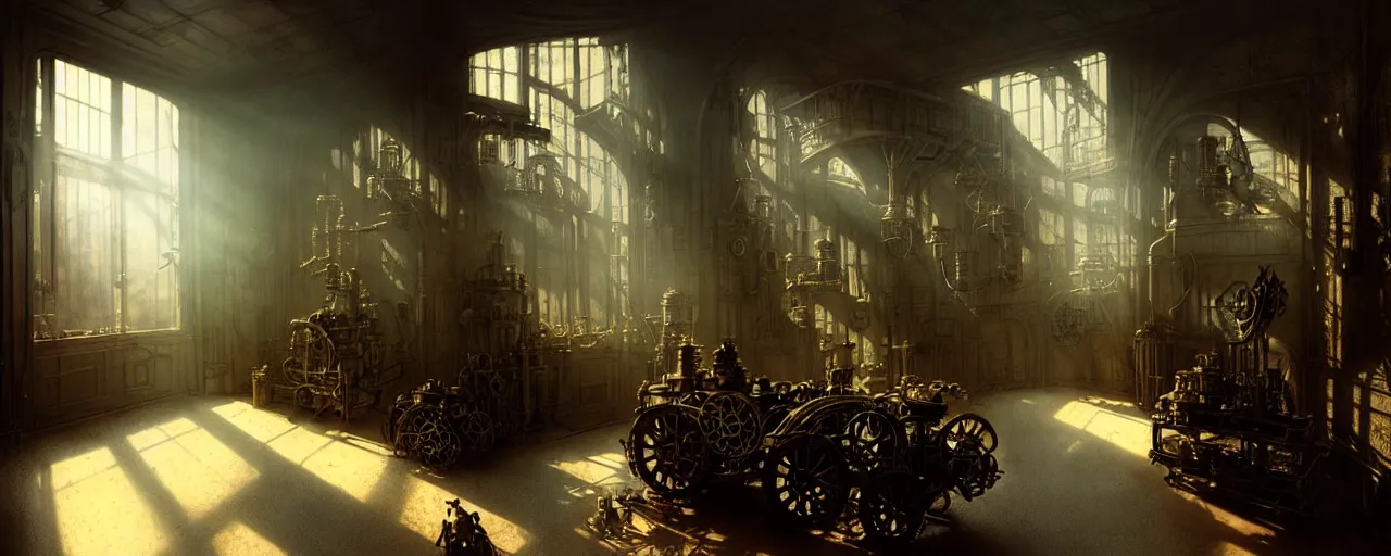 Prompt: steampunk design by h. r. giger, late afternoon light coming in through the window, dust moats, bokeh, blue tint, rule of thirds, roger deakins, ridley scott, jan urschel, john singer sargent, mandelbulb, sorolla, ghibli