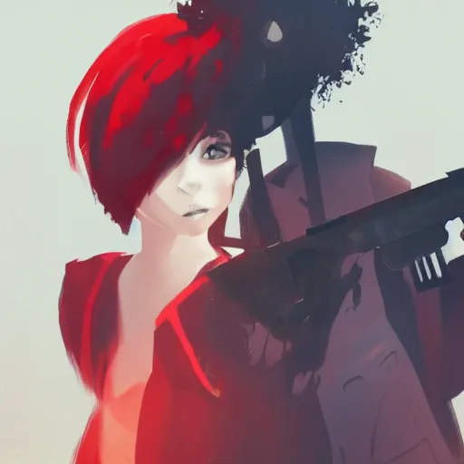 Image similar to a concept art of a boy and a girl with red hair holding a gun, gothic clothes, clean silhouette, highly detailed, digital painting, artstation, concept art, smooth, sharp focus, illustration