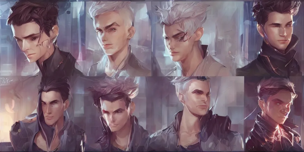 Image similar to concept art of young male netrunner d & d video game characters head designs, unique hair designs, by marc brunet and artgerm