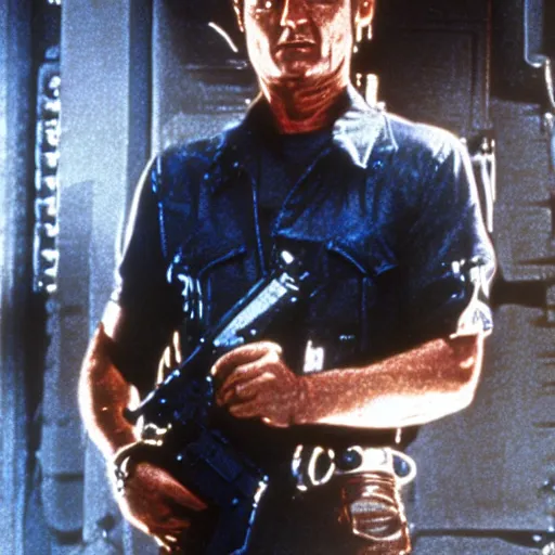 Prompt: bill murray in terminator, movie still, promotional shot