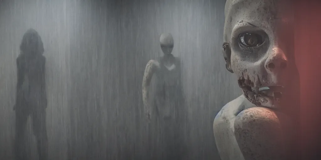 Prompt: a horror movie still in a mall, a mannequin is painfully coming alive, it is half alive, the background is misty, dark, terror, cinematic still, 4 k, dramatic, eerie, cinema lighting, low light, realistic