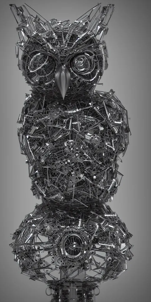 Prompt: cybernetic owl. portrait. complex shape. highly detailed. octane render. 8 k. monochrome. cinematic.