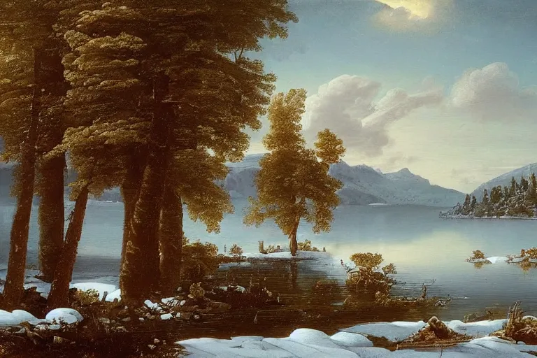 Image similar to beautiful landscape with winter and lake and pine trees, mythology, fantasy, landscape background, vivid colors, digital painting, very detailed, realistic, high quality, by claude lorrain