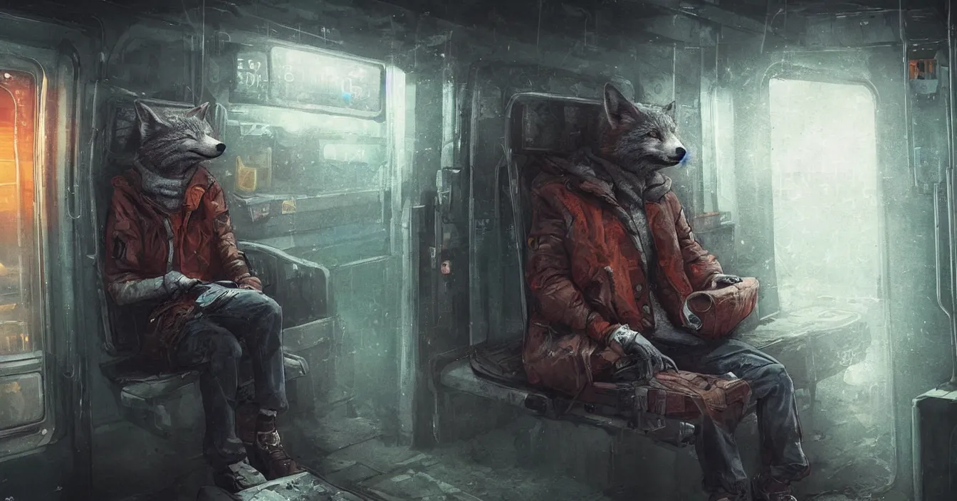Image similar to Imagination of intelectual homeless fox with hood over head and old coat, sits on a dirty cold seat in a old cyberpunk subway car, cyberpunk 2077, amazing digital art