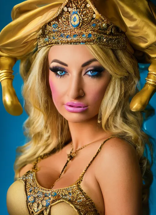 Prompt: portrait of lindsey pelas as princess jasmine in persian palace, by charlotte grimm, natural light, detailed face, beautiful features, symmetrical, canon eos c 3 0 0, ƒ 1. 8, 3 5 mm, 8 k, medium - format print, half body shot