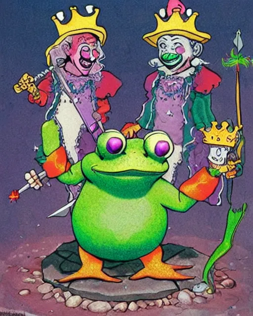 Prompt: clown frog king pulls the sword from the stone, clown excalibur, clown frog king wearing clown makeup and rainbow wig, clown crown artwork by Moebius