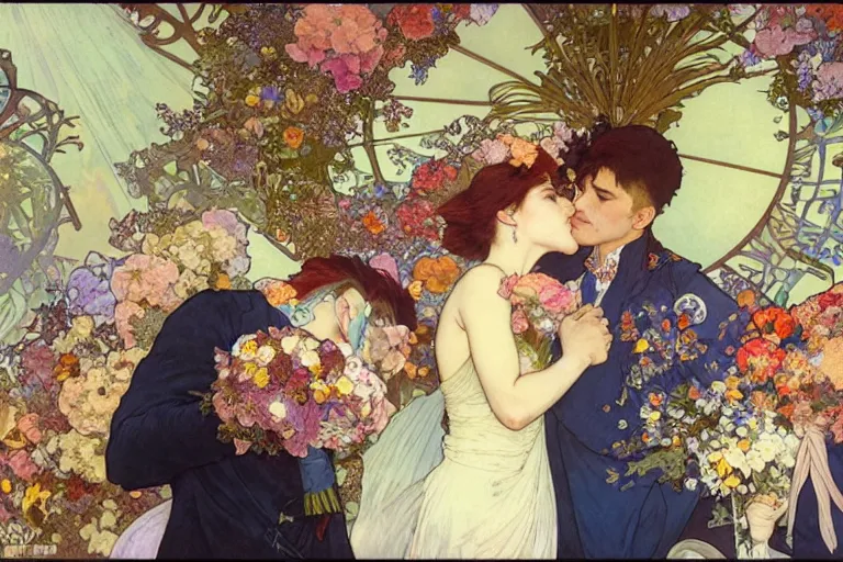 Image similar to the groom kisses the bride at a wedding full of flowers, bright and happy, dreamlike art, highly detail, 4 k realistic, wedding photoy krenz cushart. artem demura. alphonse mucha. yoji shinkawa artgerm. jon lothian. danilo torres. adi meyers. thomas reimann. gaston bussiere.