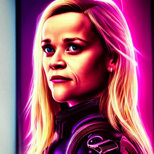 Image similar to reese witherspoon portrait, cyberpunk 2 0 7 7, cyberpunk rogue amendiares, photorealistic, ultra detailed, neon, octane, bokeh, cinematic lighting, cyber, cyberpunk city, studio quality, feature, scars, cyberface, 8 k