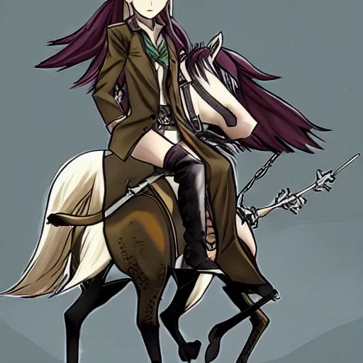 Image similar to reze from chainsaw man riding a unicorn, steampunk style