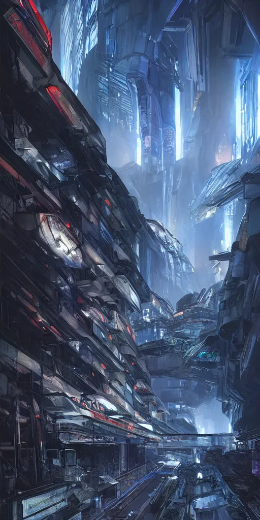 Prompt: a futuristic exterior mass effect and bladerunner building under ground, built inside large tower rocky cliffs, multi - layer, large pipes, metal cladding wall, intricate wires, some stalls, back alley, intricate bridges between buildings, some floating billboards, backlit, shadow play, by eddie mendoza, syd mead