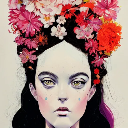 Prompt: surreal gouache paintingby conrad roset, female head with flowers growing out, portrait, cgsociety, artstation, rococo dreamycostume and grand headpiece,