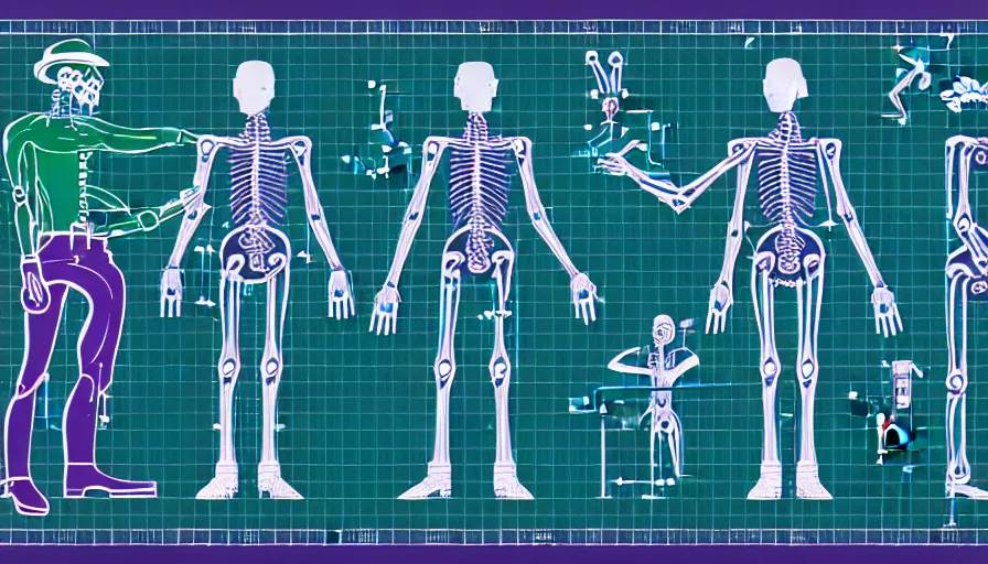 Image similar to technical diagram blueprint of anthropomorphic anatomical sip technician, cyborg cowboy technical diagram, anthropomorphic nootropic commission system, humanoid cowboy snake man machine blueprint, performance enhanced salesman anatomy, snake oil sip tech technical blueprint plan with subtle purple green iridescent sheen